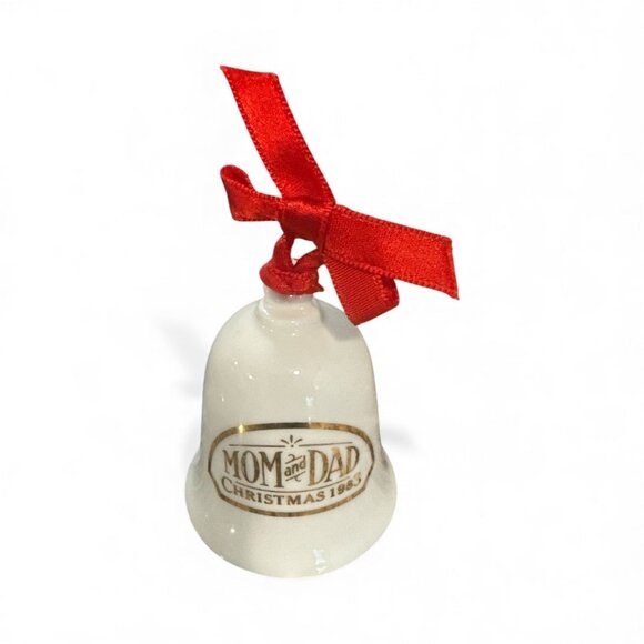 Vintage Hallmark 1983 Ceramic Mom & Dad Christmas Bell Ornament With Red Ribbon - Picture 5 of 9